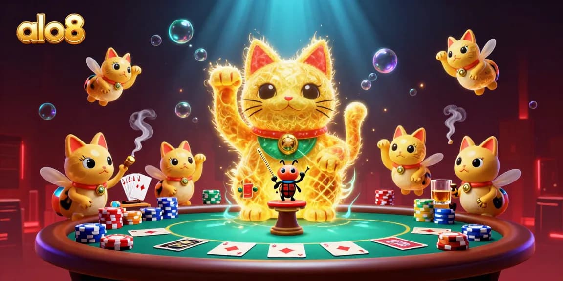 Engage with alo8's thrilling casino experience featuring a magical lucky cat and vibrant poker elements.