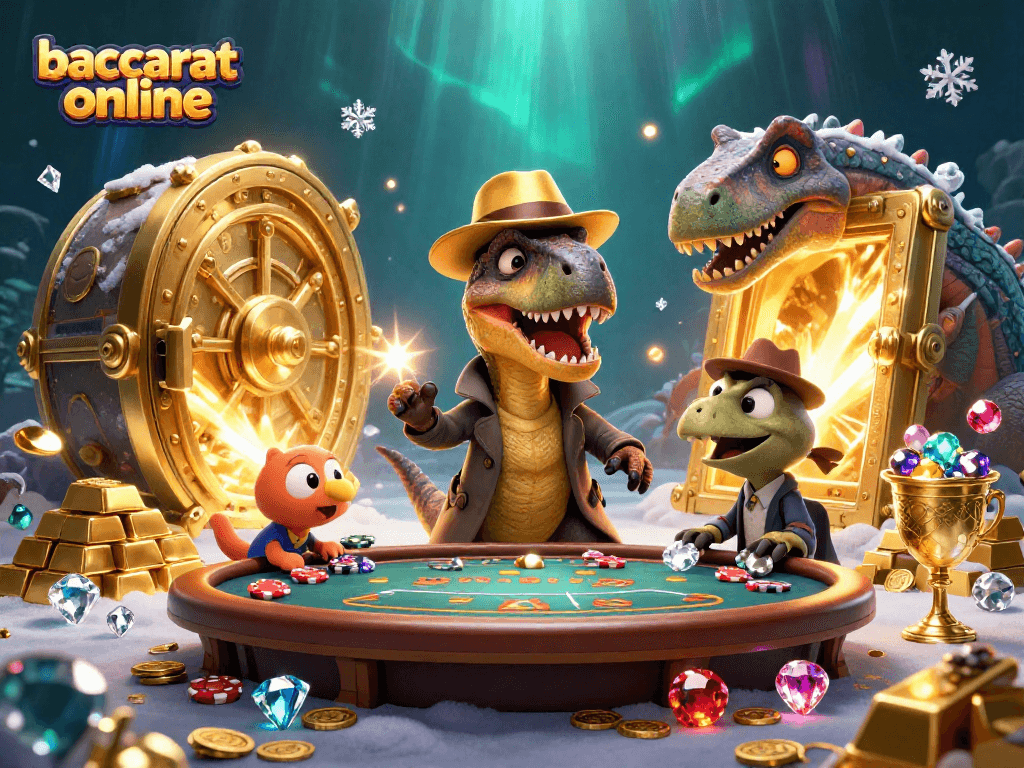 Baccarat online table scene featuring a velociraptor card counter, a suspicious pit boss, and a sneaky pickpocket within a rich treasure backdrop.