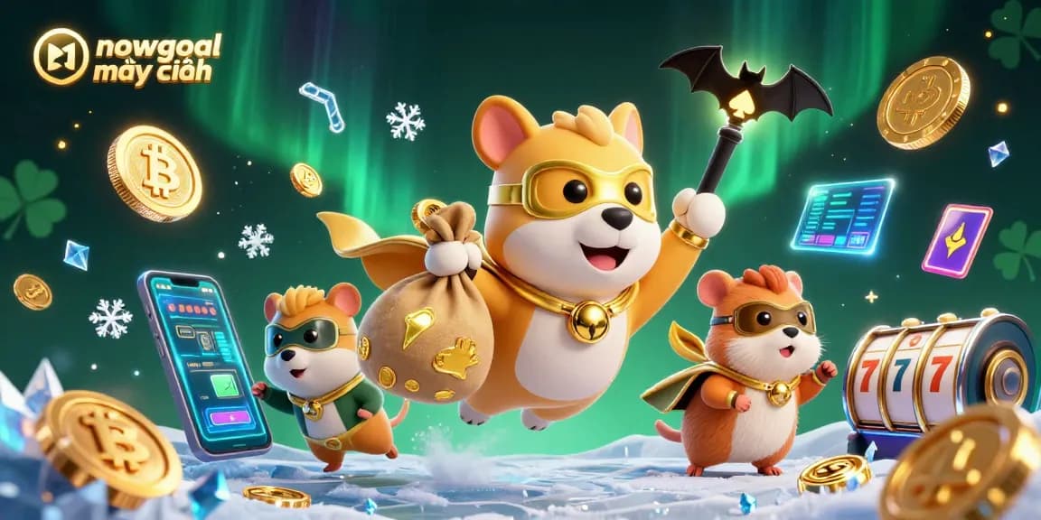 Bet on the latest news with nowgoal mới nhất, depicted by a superhero dog and hamster amid coins and casino elements.