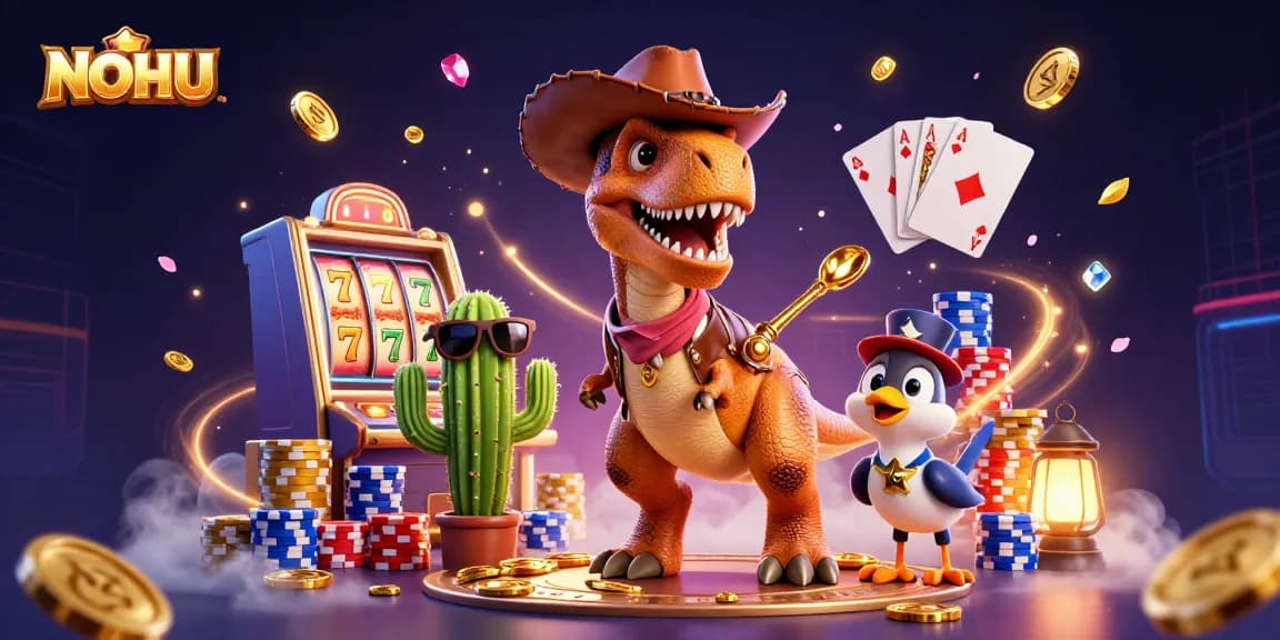 Experience the excitement of NOHU gaming with a vibrant illustration of thrilling slot adventures and colorful characters.