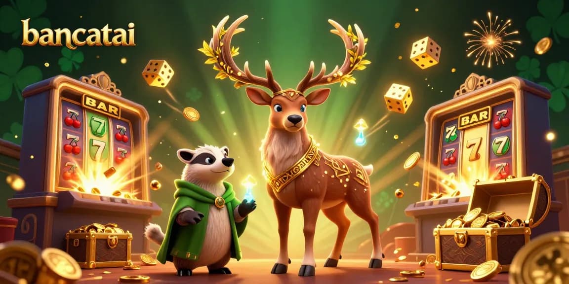 Engage with the thrilling world of bancatai casino through a vibrant 3D illustration featuring a Celtic druid stag and a wise badger amidst dynamic slots and golden treasures.