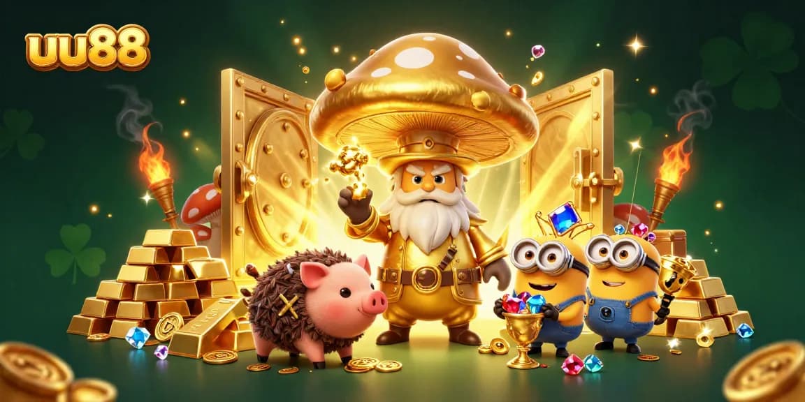 Experience big wins at uu88 with a vibrant 3D casino scene filled with treasures and gold.