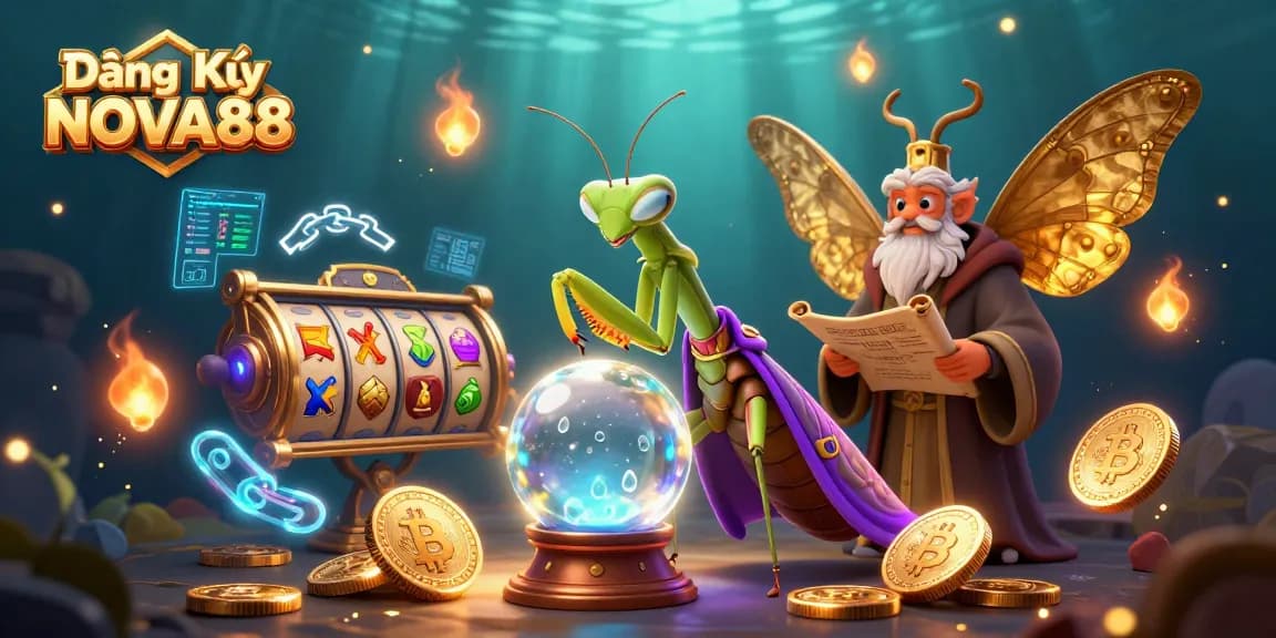 Engage with Đăng Ký NOVA88 while exploring a vibrant 3D casino scene filled with characters and gaming elements.