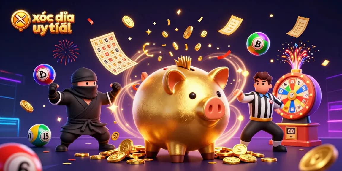 Engaging scene illustrating xóc đĩa uy tín with vibrant characters, lottery balls, and festive details.
