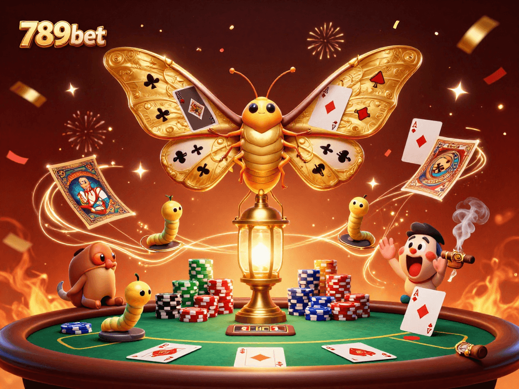 Engage with thrilling gameplay at 789bet, featuring a majestic moth and vibrant casino elements.