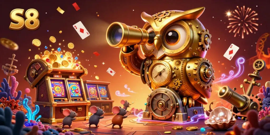 Engage in thrilling S8 casino action with dynamic characters and vibrant gaming elements in a festive atmosphere.