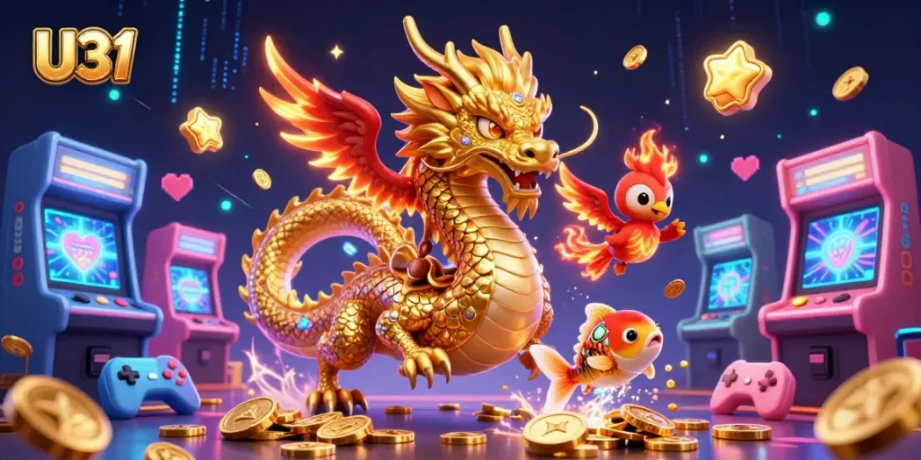 Engage with thrilling U31 gameplay, featuring a vibrant dragon, phoenix, and koi amidst coins and gaming elements.