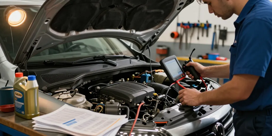 Auto consuma troppo during maintenance check, mechanic inspecting vehicle engine with tools in garage environment.