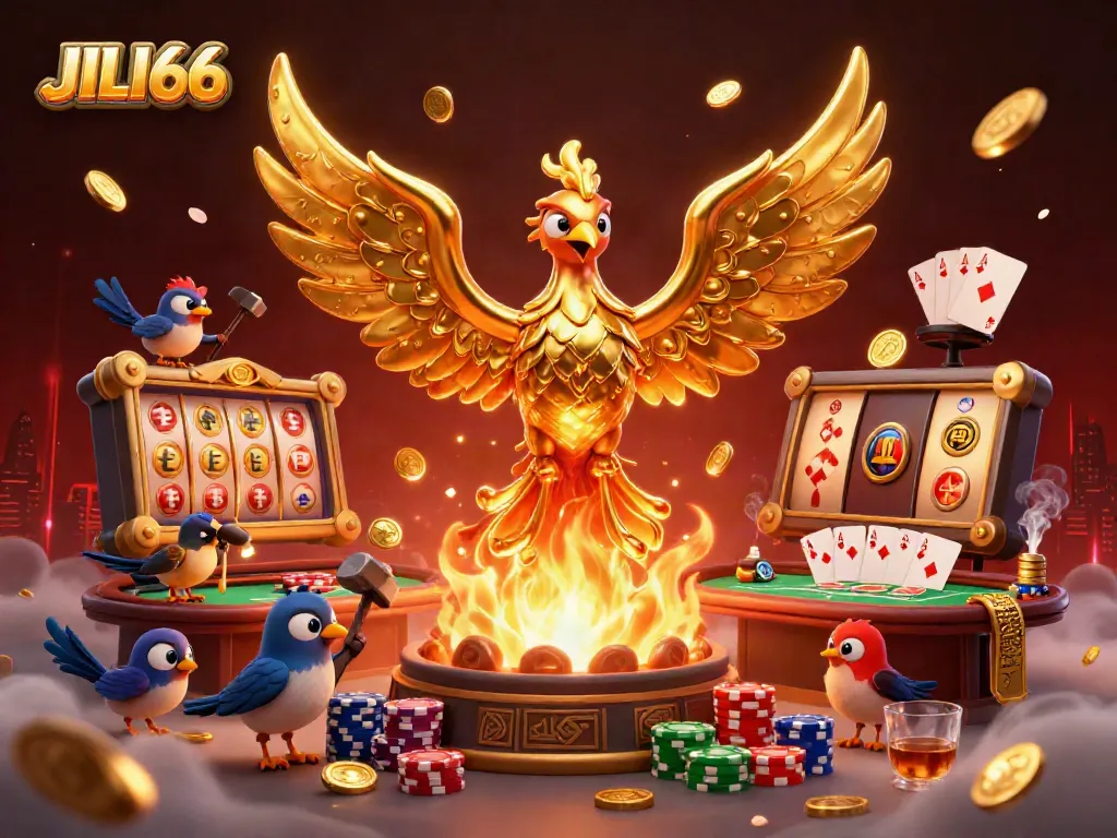 Experience thrilling gaming with JILI66, featuring a golden phoenix and an energetic casino scene.