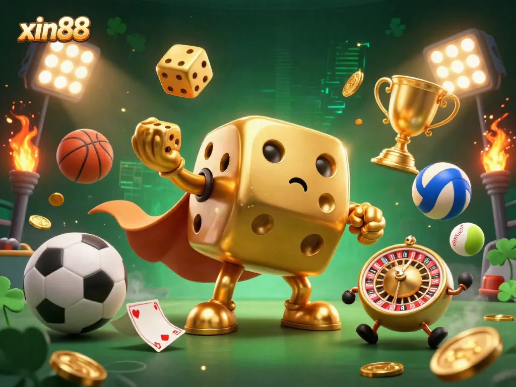 Engage with xin88 through an exhilarating 3D casino scene showcasing golden dice and vibrant sports elements.