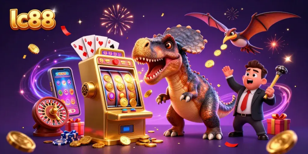 lc88 delivers thrilling jackpots as a dinosaur interacts with a golden slot machine in a vibrant casino scene.