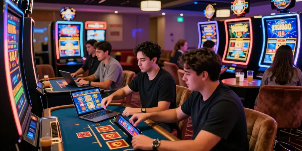 Exciting gaming atmosphere at us online casinos with players enjoying live dealer and slot games.