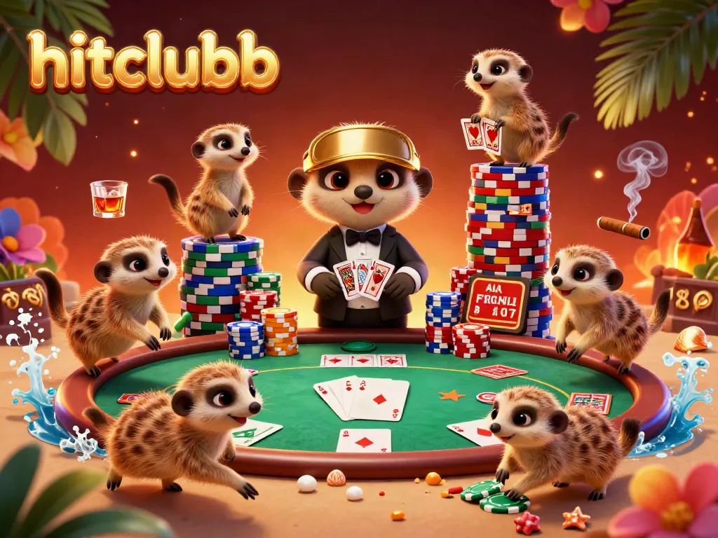Exciting meerkat casino scene capturing the thrill of gambling with hitclubb branded elements.