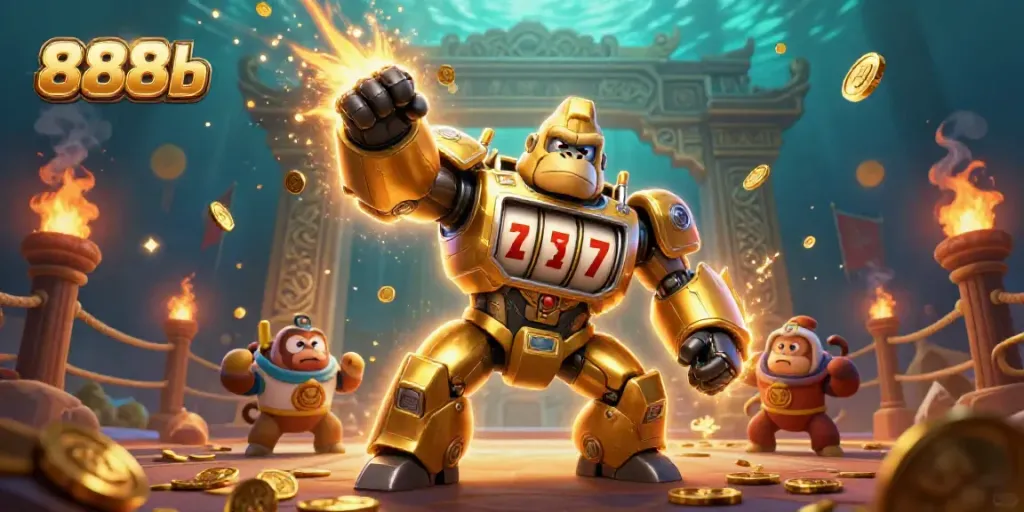 Experience thrilling online gambling with 888b as a futuristic golden gorilla mech surrounded by dynamic casino elements.