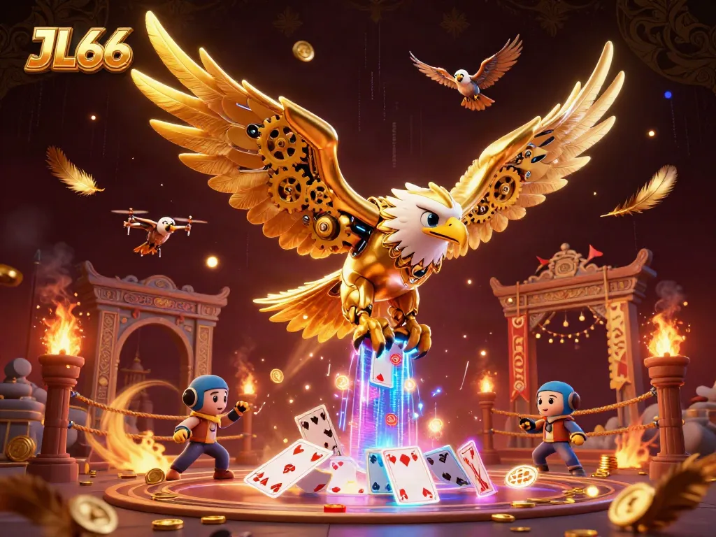 Experience thrilling action with JL66 as a cybernetic eagle dives through holographic cards.