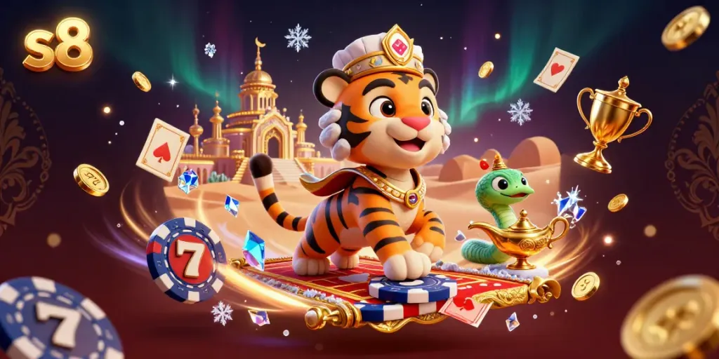 Win with s8 at the casino, featuring a vibrant 3D scene of a tiger sultan and magic elements.