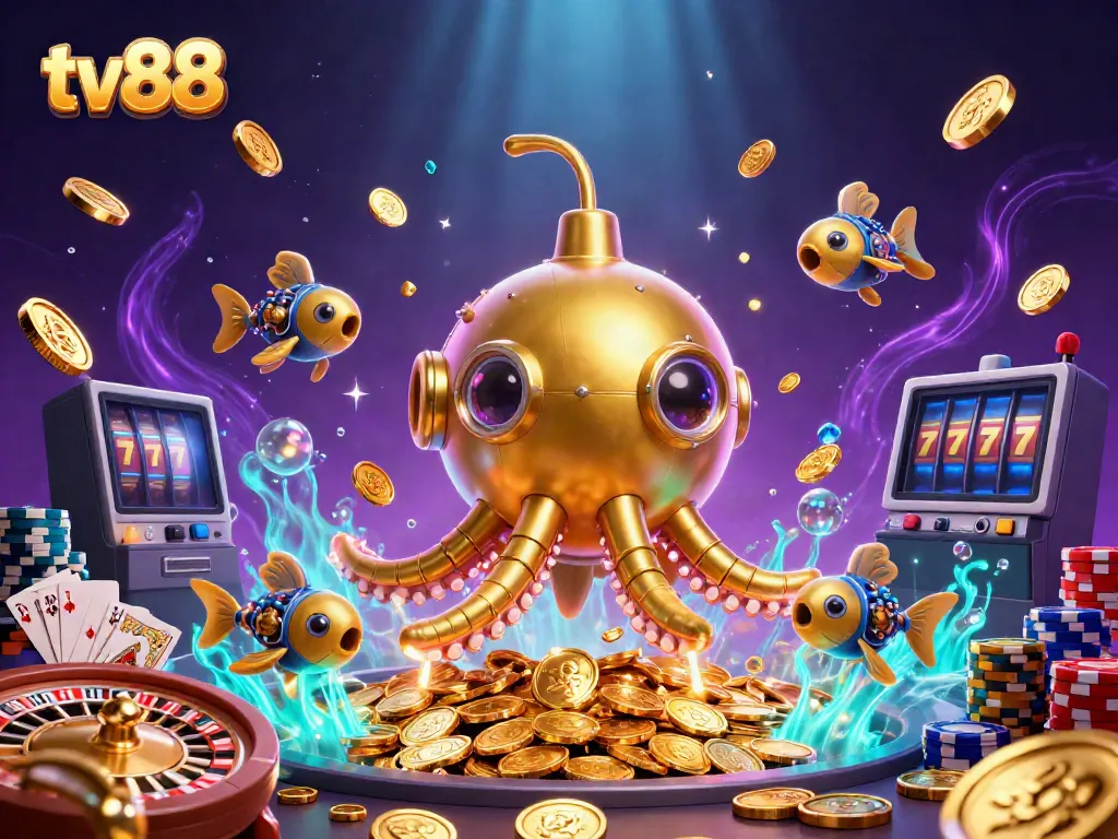Experience the thrill of tv88 with a golden kraken submarine surrounded by coins and casino elements.