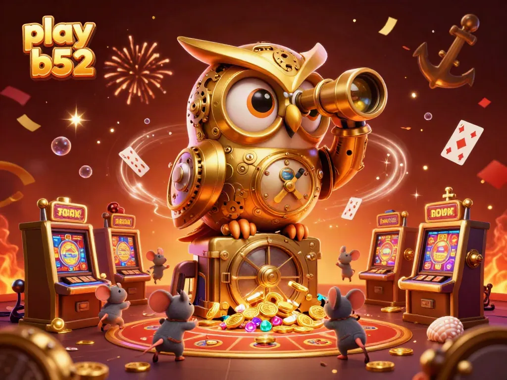 Experience the excitement of winning while you play b52 with a vibrant casino scene featuring golden owls and a treasure-filled background.