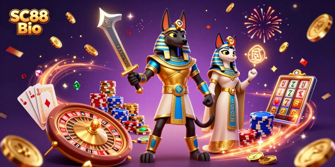 Engage in thrilling gaming with SC88 Bio, featuring Anubis and Bastet amidst casino riches.