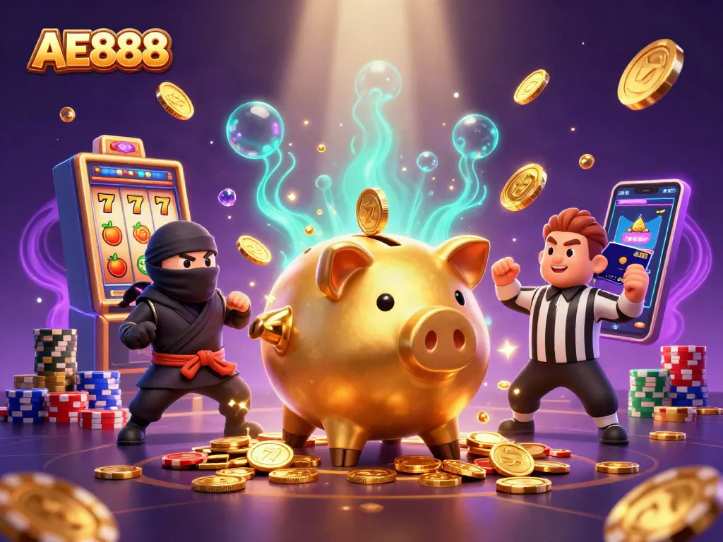 Engage in the thrilling world of AE888 with animated characters like sumo wrestlers, wallet ninjas, and vibrant casino elements.