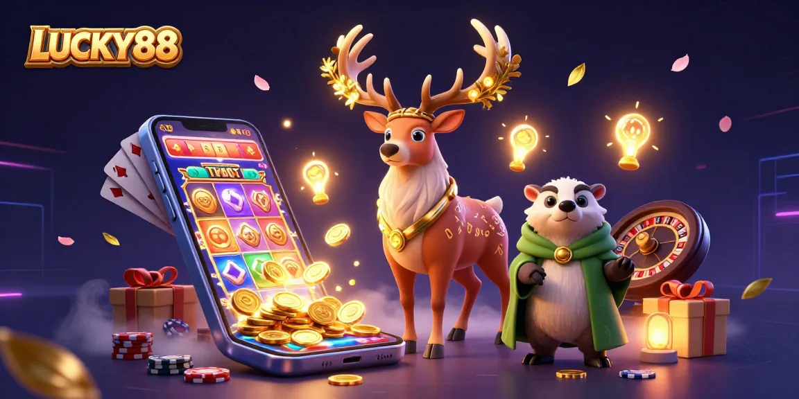 Engage with LUCKY88's magical online gaming scene featuring a druid and a badger among vibrant casino elements.
