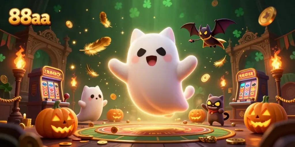 Experience fun gaming vibes with the animated 88aa ghost cat in a haunted casino.