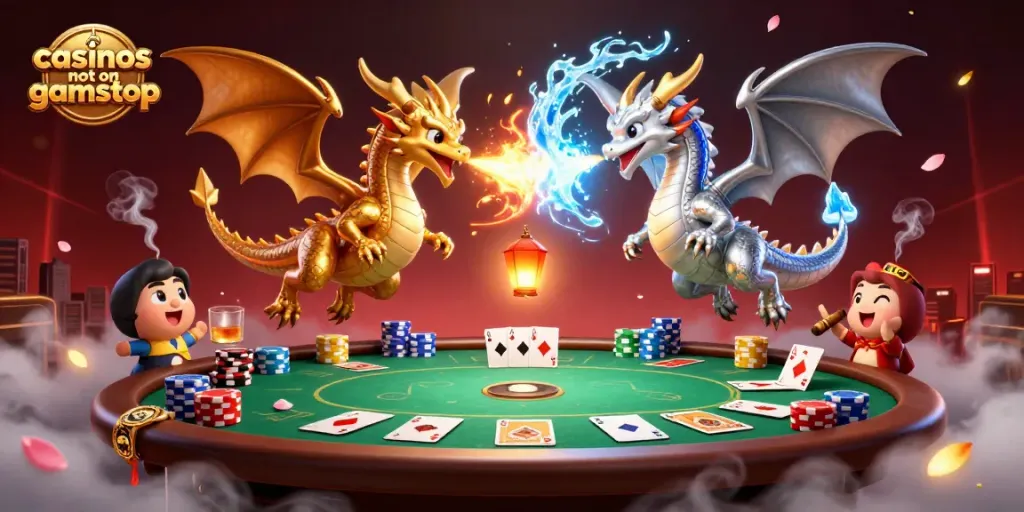 Experience casinos not on gamstop with dynamic dragons and poker elements amid vibrant visuals.