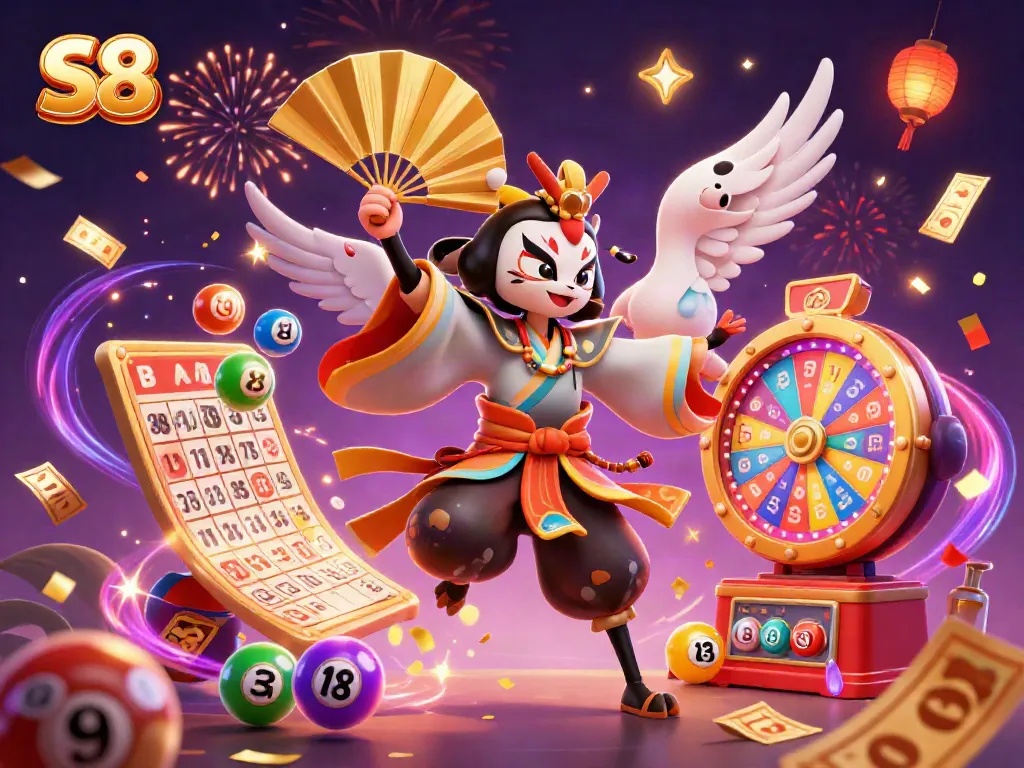 Engage with the vibrant S8 casino experience, where colorful lottery balls and golden tickets rain around traditional characters.