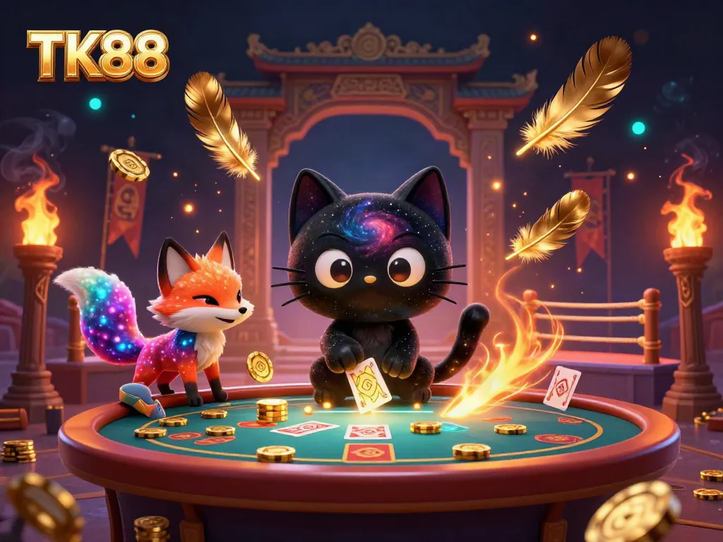 Engaging scene showcasing TK88 with a cat and fox characters immersed in a cosmic casino atmosphere.