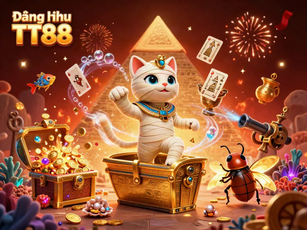 Experience the dynamic excitement of Đăng nhập TT88 with an Egyptian mummy cat and glowing scarab beetle in a vibrant casino setting.