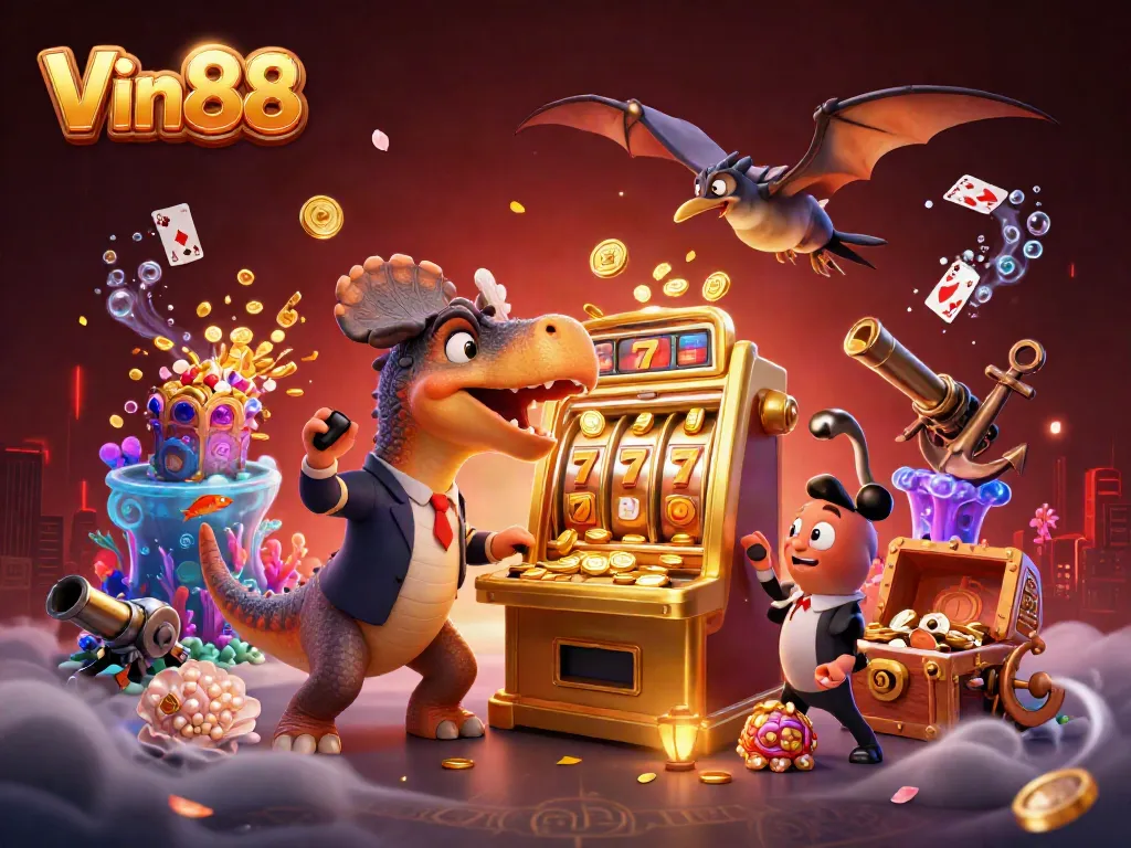 Experience thrilling jackpots at Vin88 with a pachycephalosaurus, golden coins, and excitement!