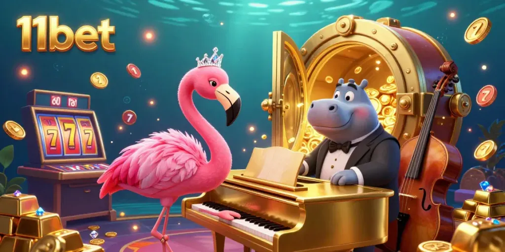 Experience the thrill of 11bet with vibrant casino elements and a jazzy musical ambiance.