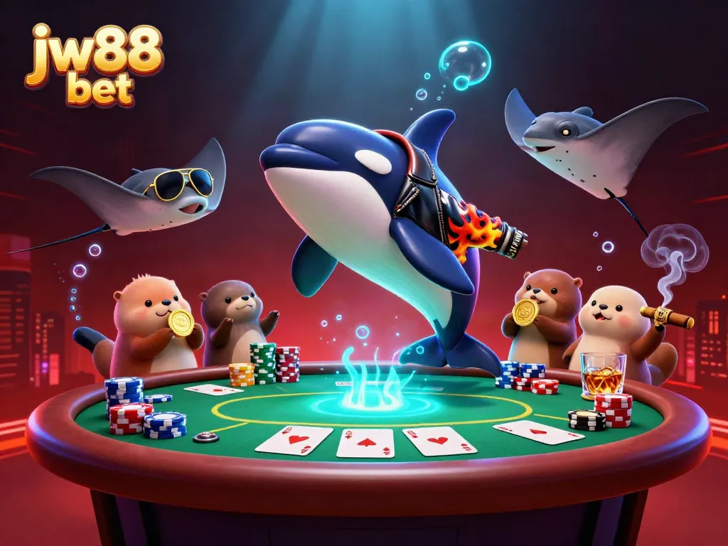 Experience thrilling moments with jw88 bet whale, stingray, and otter characters amidst poker excitement.