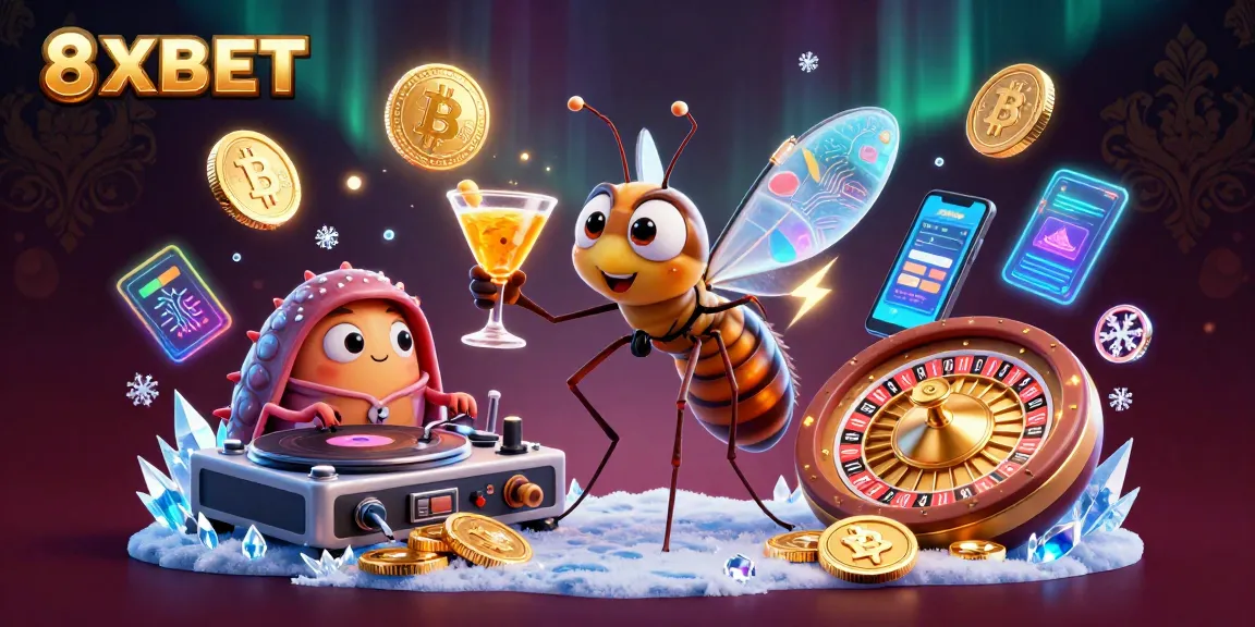 Engage with 8XBET's vibrant casino visuals featuring unique characters and cryptocurrency elements in a dynamic scene.