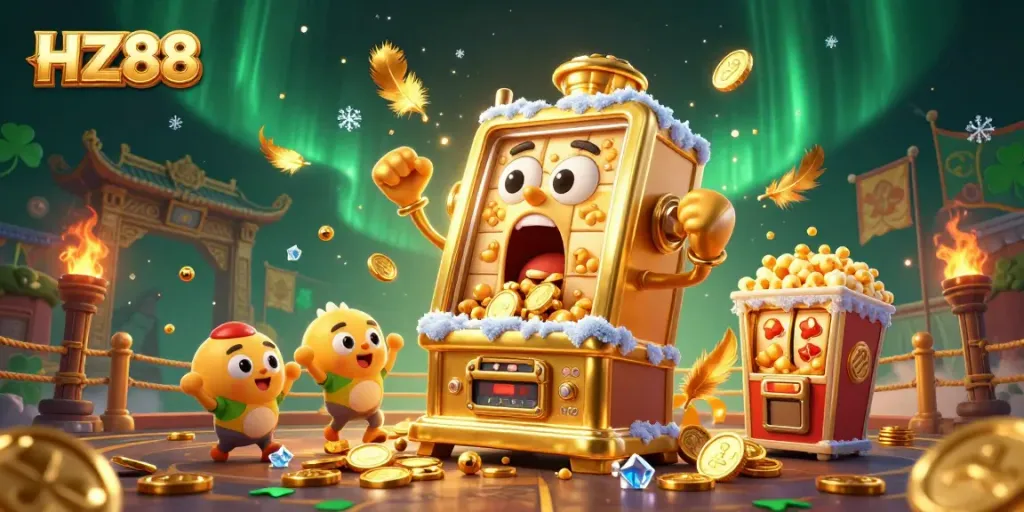 HZ88 slot machine celebrating a jackpot with coins pouring out, surrounded by cheering machines and golden decorations.