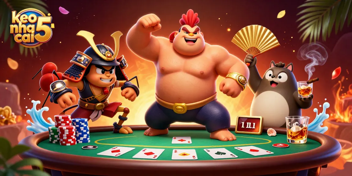 Engage with keo nha cai 5 as a sumo wrestler rooster and samurai cricket intensify the poker action!