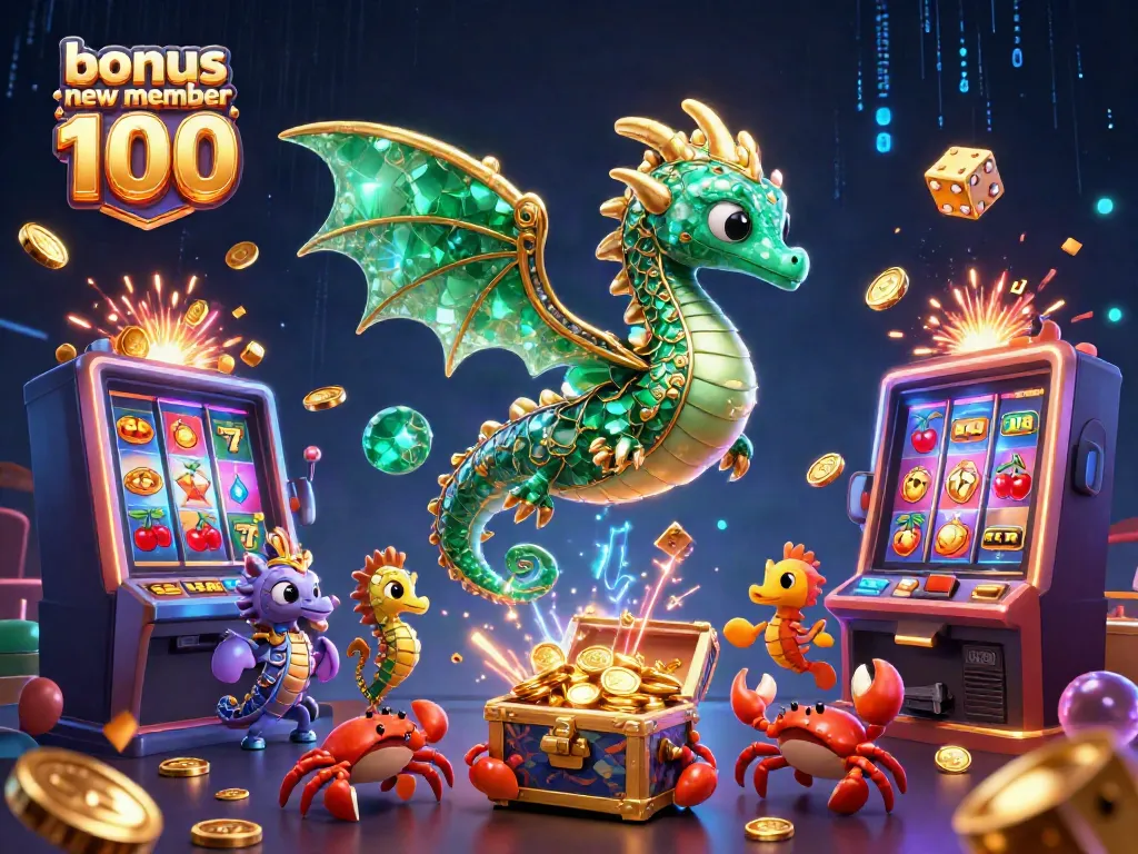 Experience thrilling gameplay with the bonus new member 100, illustrated with vibrant sea mythical elements and slot machines.