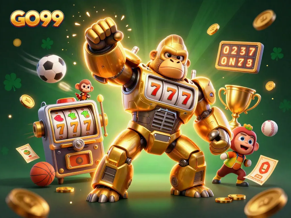 Experience thrilling wins in GO99 with a dynamic scene featuring a golden gorilla mech and vibrant casino elements.