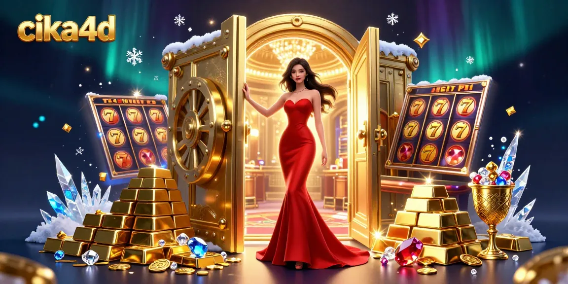 Cika4d showcases a stunning Asian woman in a mermaid gown at a luxury casino, surrounded by gaming elements.
