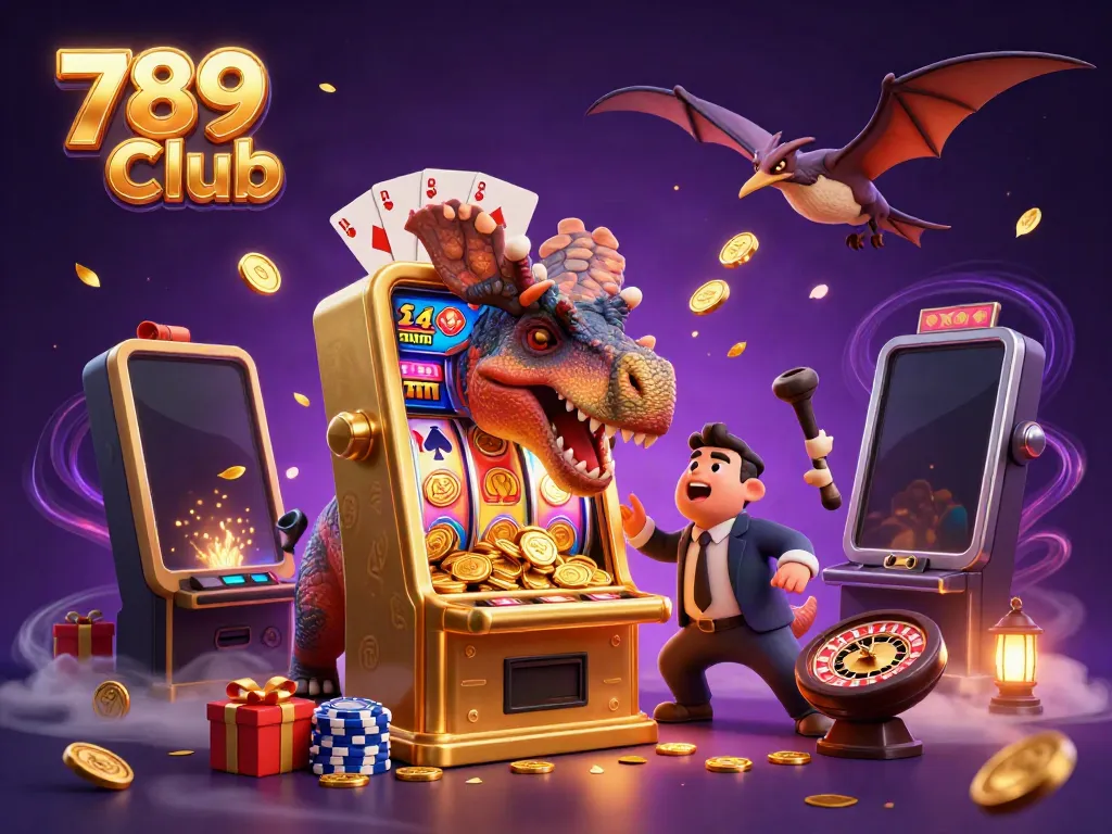 Winning at 789 Club with a dinosaur jackpot celebration surrounded by casino elements