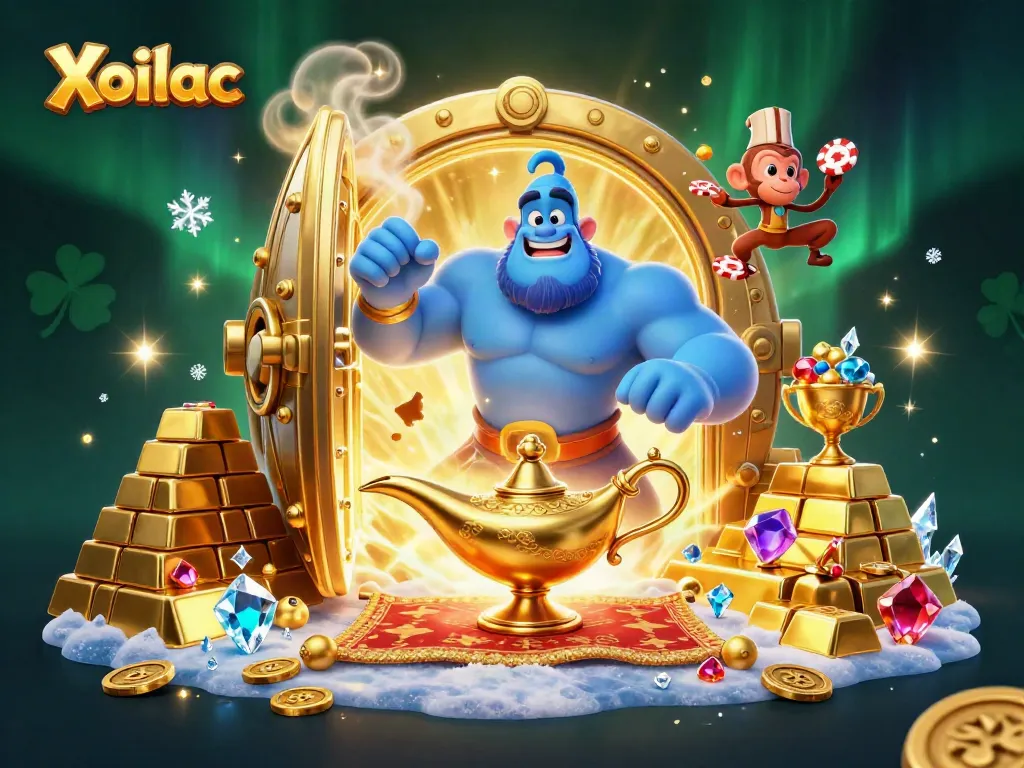 Xoilac offers a lively 3D casino scene featuring a powerful genie, poker chips, and treasures.