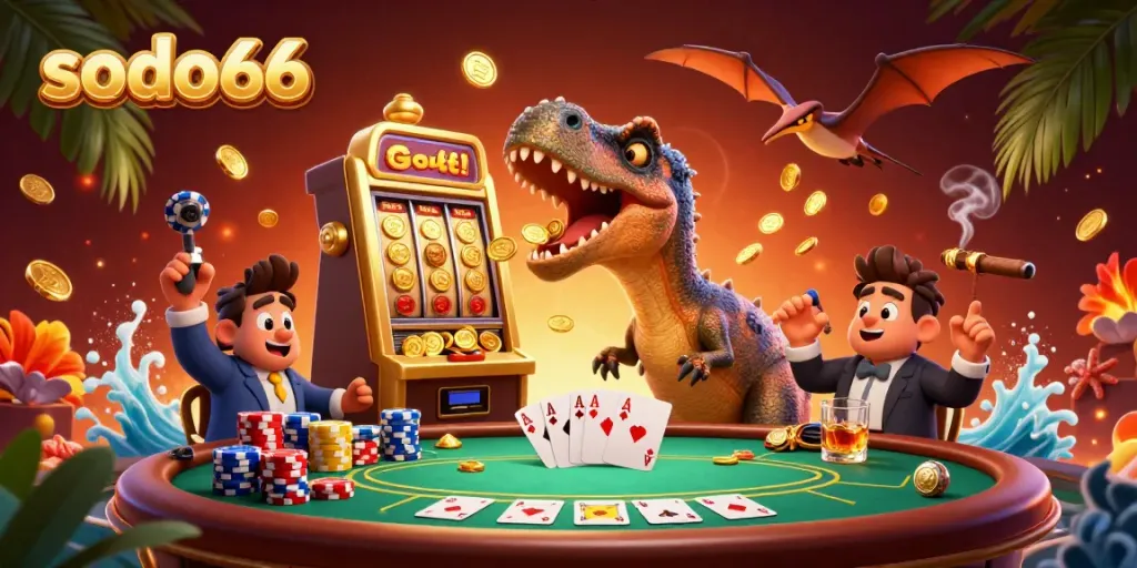 Sodo66 engages players with jackpot wins while a casino manager and pteranodon catch coins.