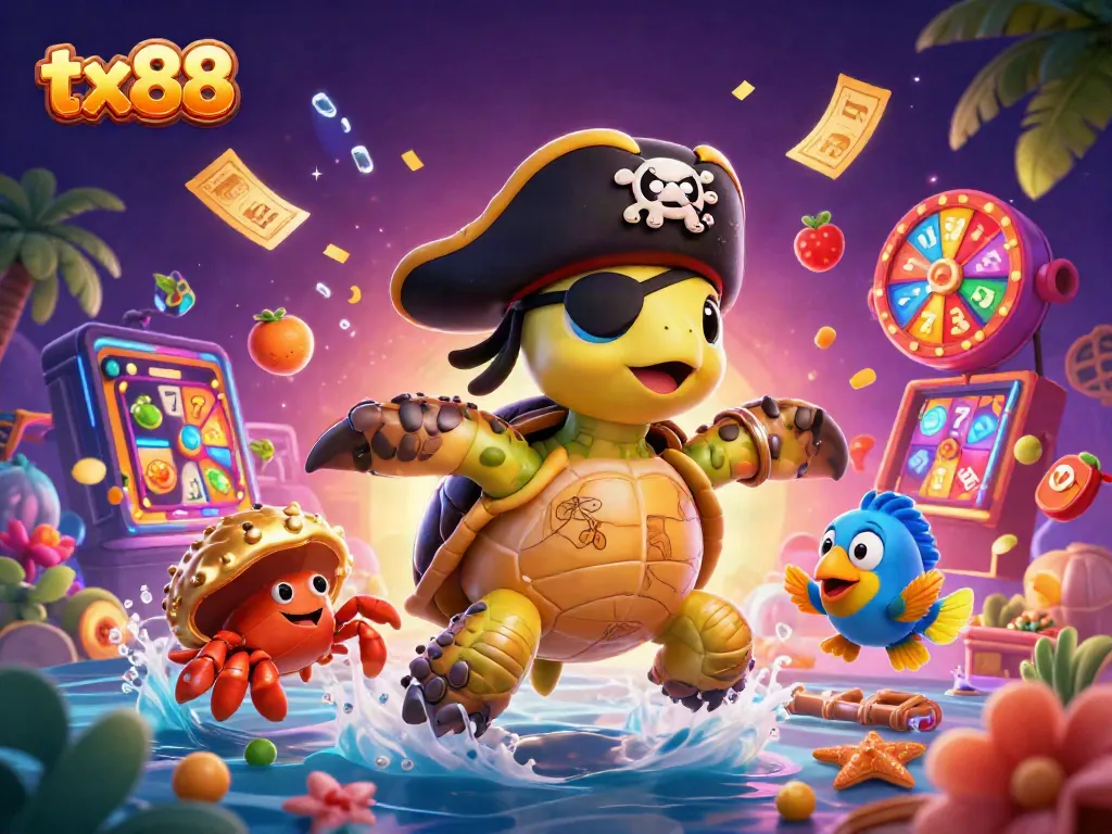 Engage in exciting gaming excitement with tx88 featuring a pirate turtle and colorful casino elements.