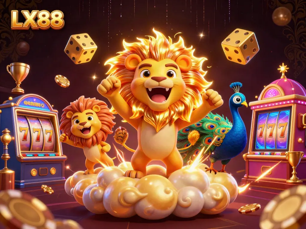 LX88 presents a vibrant casino scene with a roaring lion, casino chips, and golden dice in a dynamic 3D illustration.