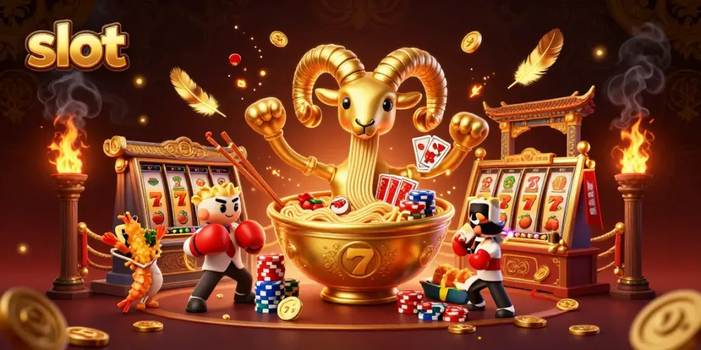 Experience thrilling slot action with a vibrant golden ramen bowl dealer and energetic casino characters.