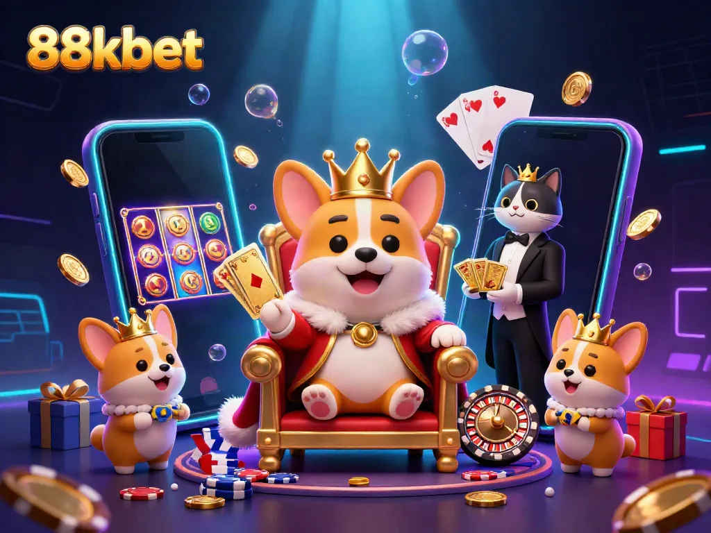 Experience the vibrant world of 88kbet with a royal corgi and dynamic casino elements illustrating excitement in gaming.