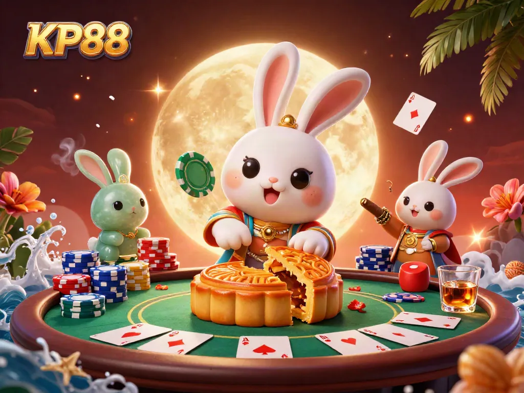 Experience KP88's thrilling casino action with poker chips and a festive lunar scene.