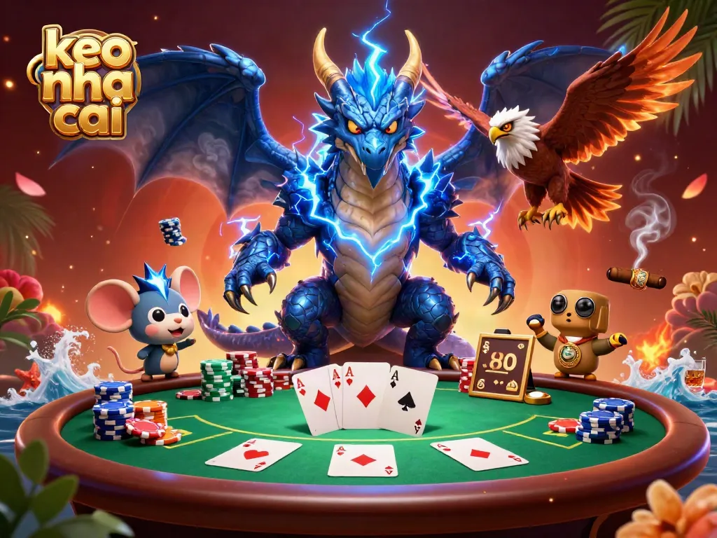 Engage with keo nha cai in a vibrant scene showcasing dynamic casino action with a thunder dragon and hawk.
