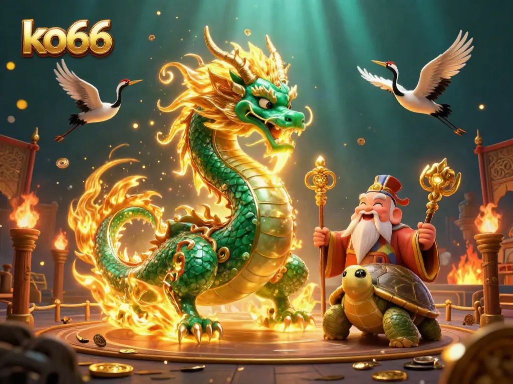 Experience excitement at ko66 with a jade dragon, lucky cranes, and golden coins in a vibrant casino scene.