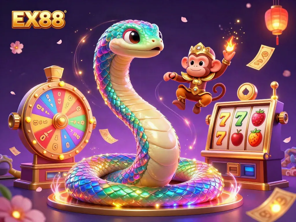 Spin to win with EX88's vibrant illustration of a rainbow serpent and monkey king amidst slot machines.
